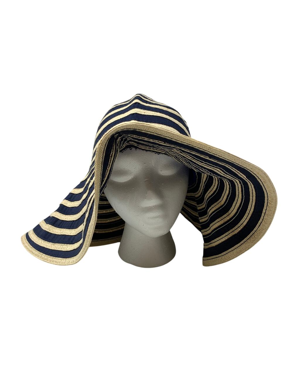Gap Wide Brim Straw Sun Hat Womens M/L Navy Blue Cream Stripe Floppy Packable
